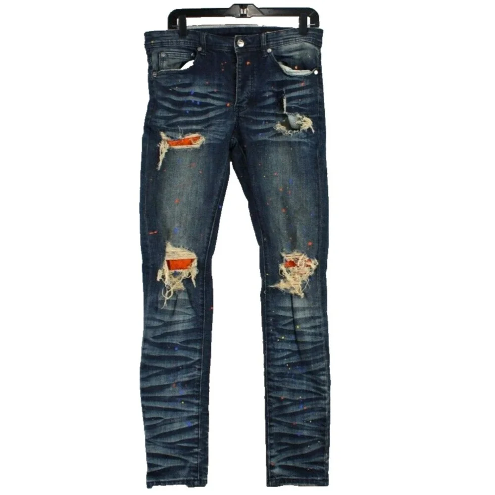 GFTD Los Angeles Distressed Slim Jeans Mens 32 Blue Paint Splatter Streetwear